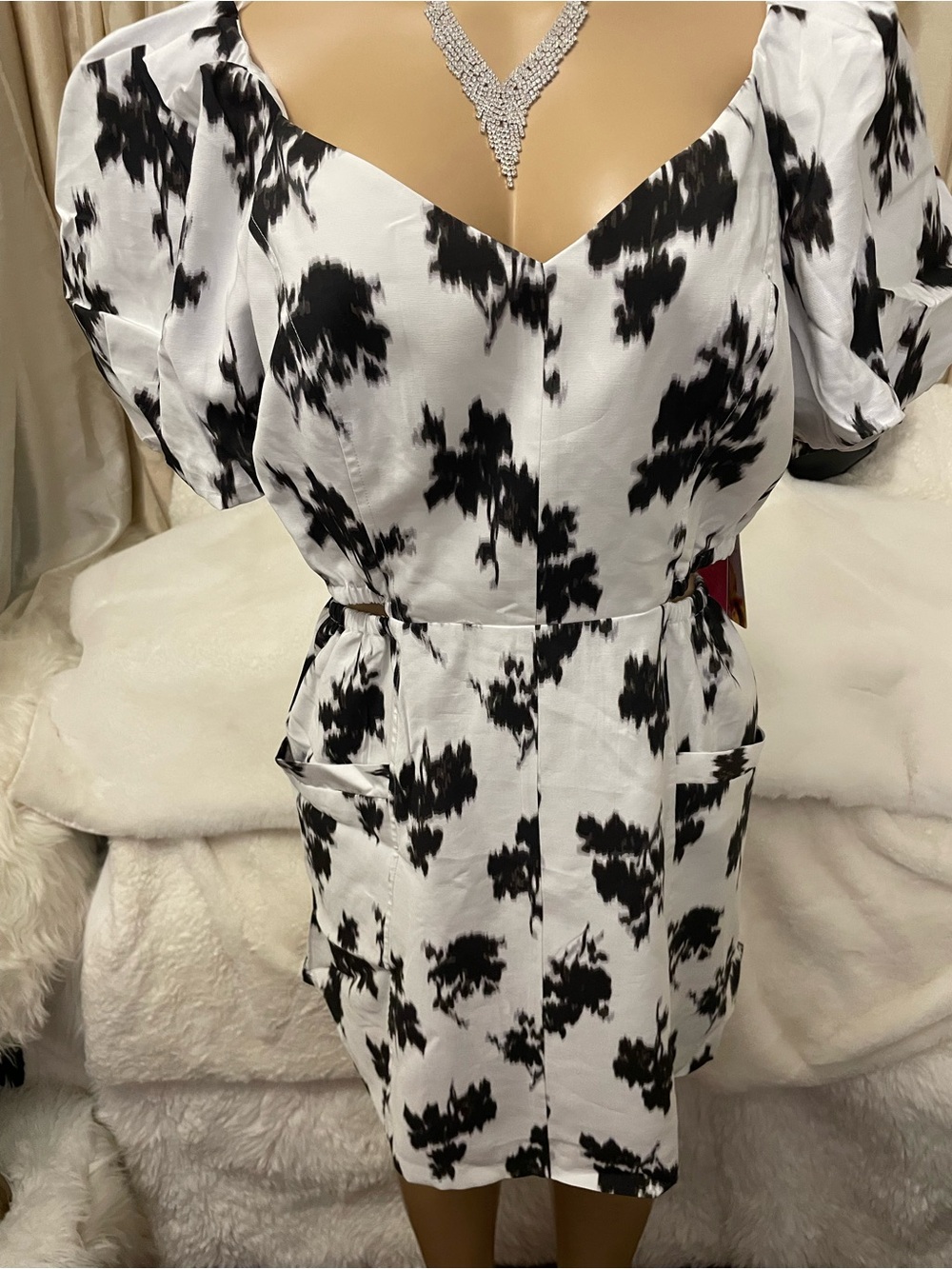 Prabal Gurung Black & White Abstract Puff-Sleeve Midi Dress